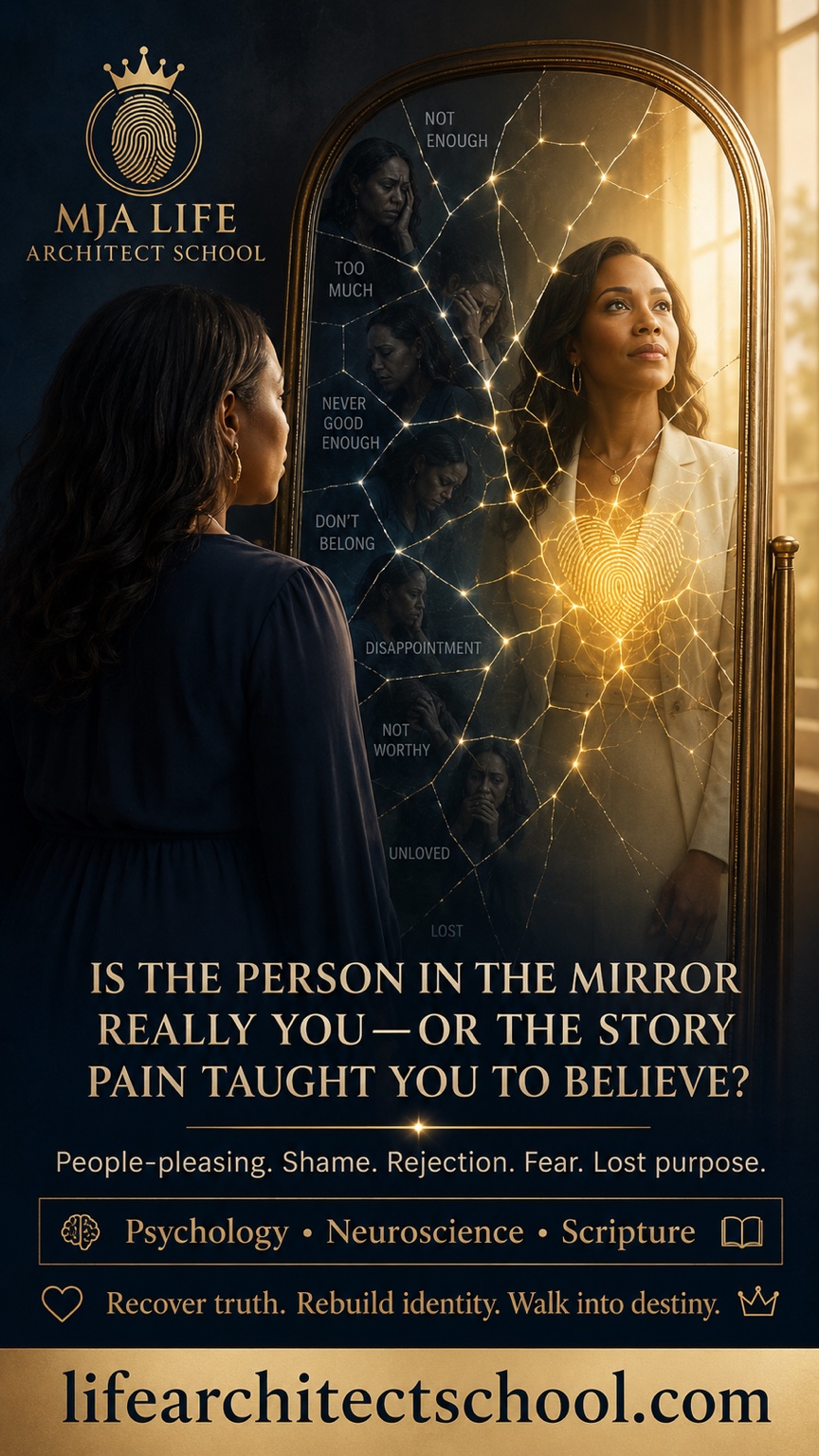 A woman looking into a fractured mirror and seeing identity restored in golden light